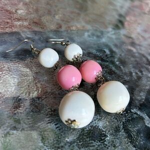 White and pink balls earrings metal and plastic